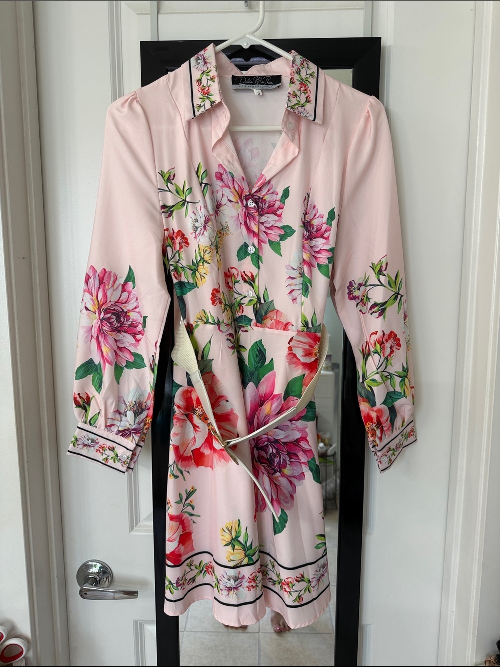 Dalia MacPhee Pink Floral Long Sleeve Satin Dress with Belt